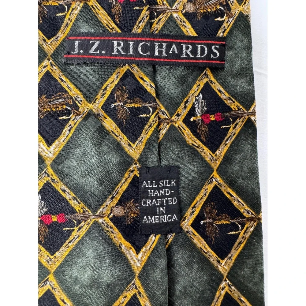 JZ Richards Mens Silk‎ Tie Green Black Diamond Fly Fishing Hand Crafted USA